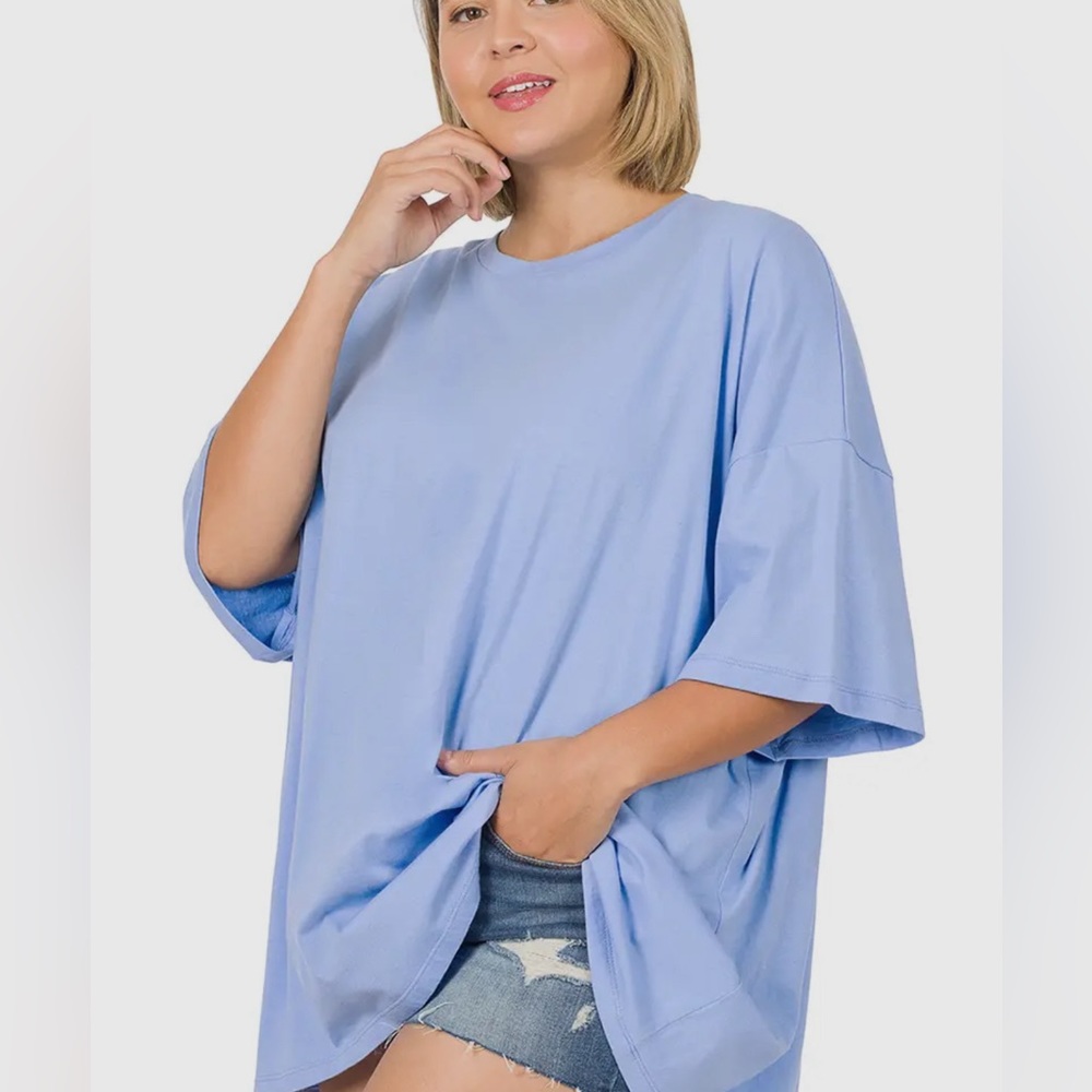 Plus Size Spring Blue Cotton Drop Shoulder Boyfriend Box Tee